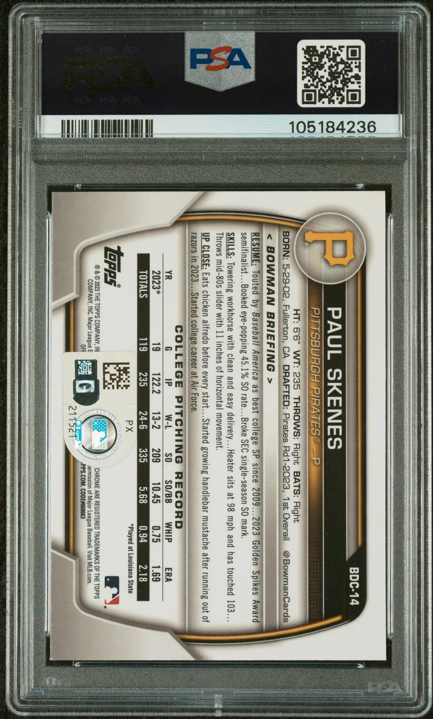 Graded 2023 Topps Bowman Draft Paul Skenes #BDC14 Chrome Rookie RC Baseball Card PSA 10 Auto Grade Gem Mint
