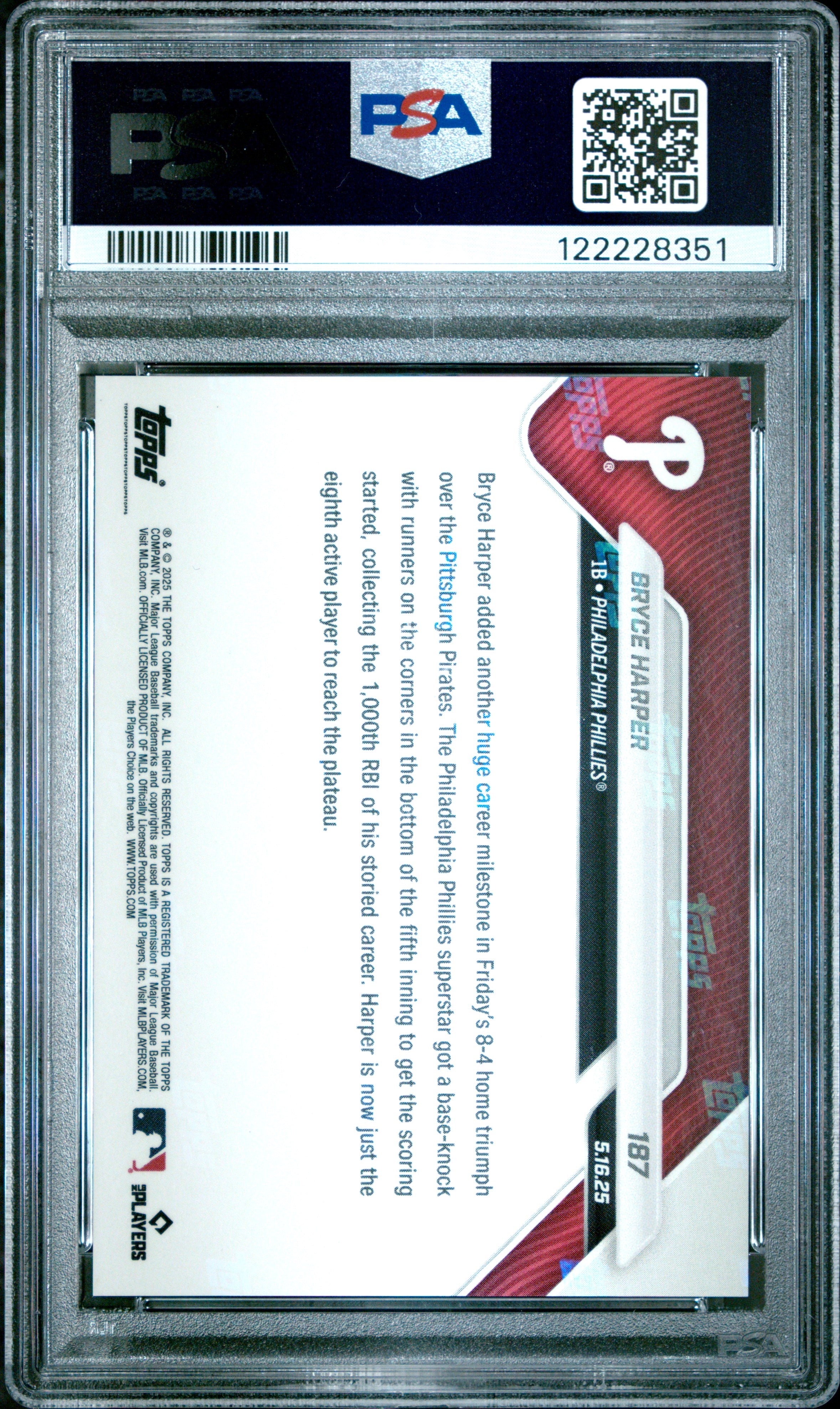 Graded 2025 Topps Now Bryce Harper #187 Baseball Card PSA 10 Gem Mint