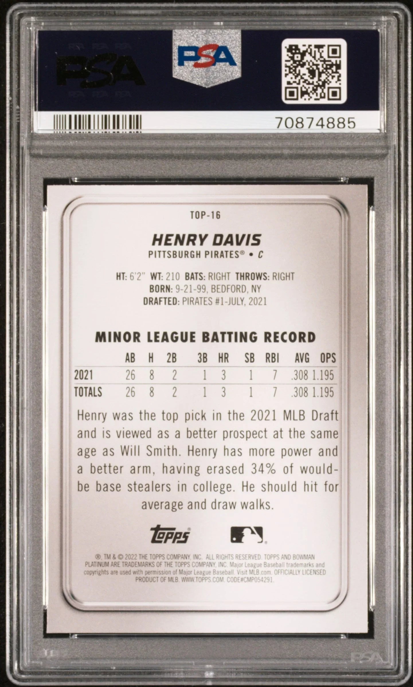 Graded 2022 Topps Bowman Platinum Henry Davis #TOP16 Top Prospects Rookie RC Baseball Card PSA 10 Gem Mint