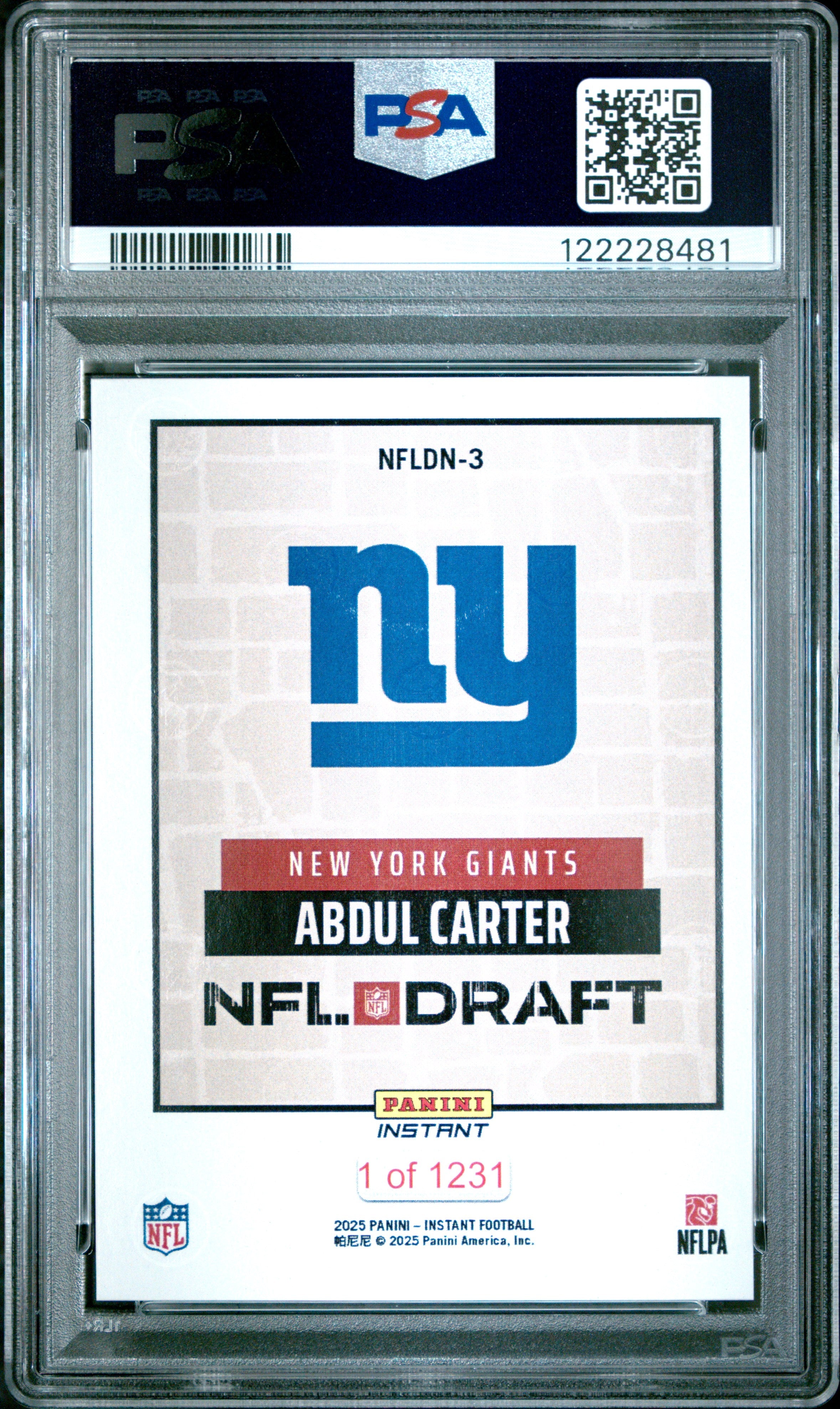 Graded 2025 Panini Instant Abdul Carter #NFLDN3 NFL Draft Night Rookie RC Football Card PSA 9 Mint