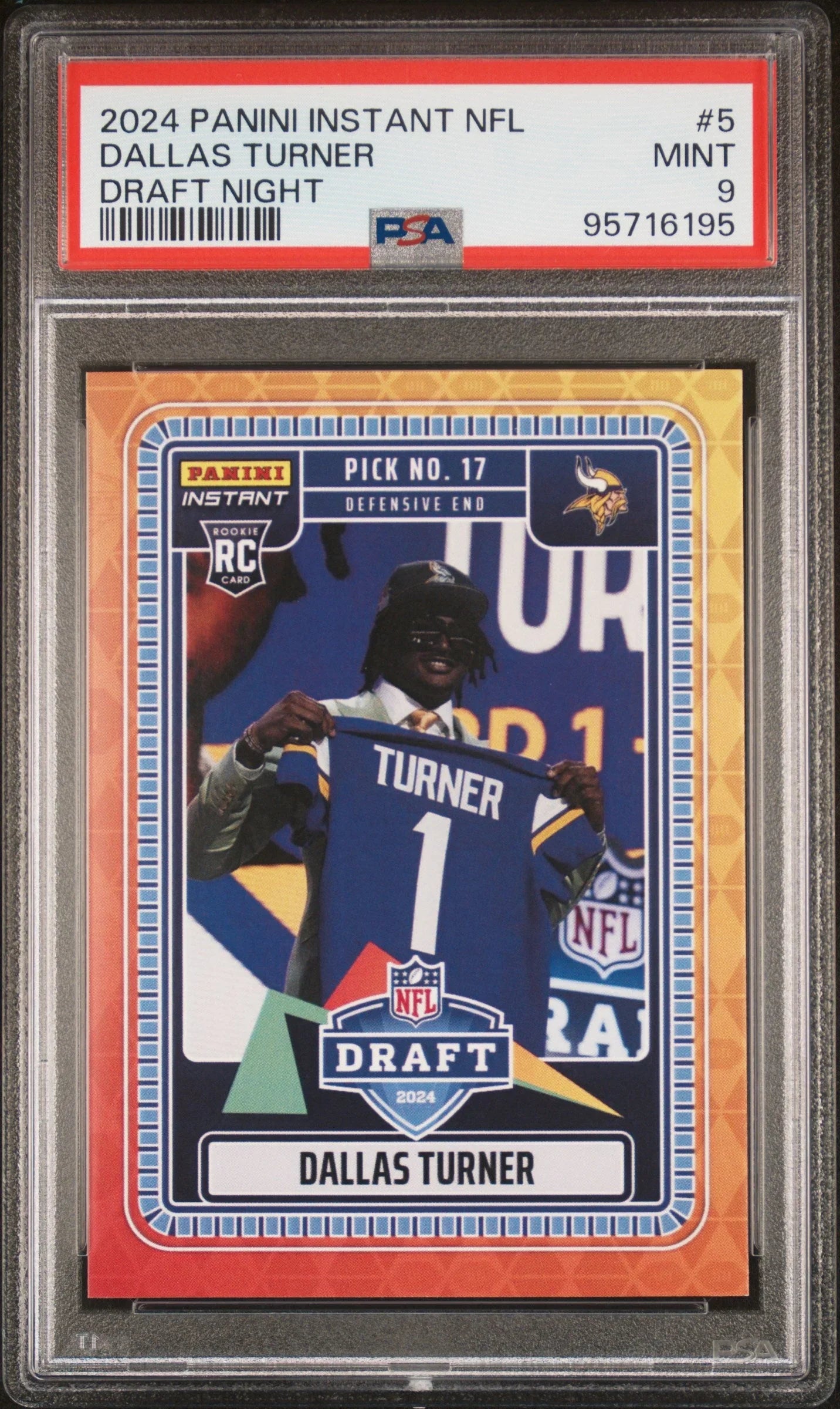 Graded 2024 Panini Instant NFL Dallas Turner #5 Draft Night Rookie RC Football Card PSA 9 Mint