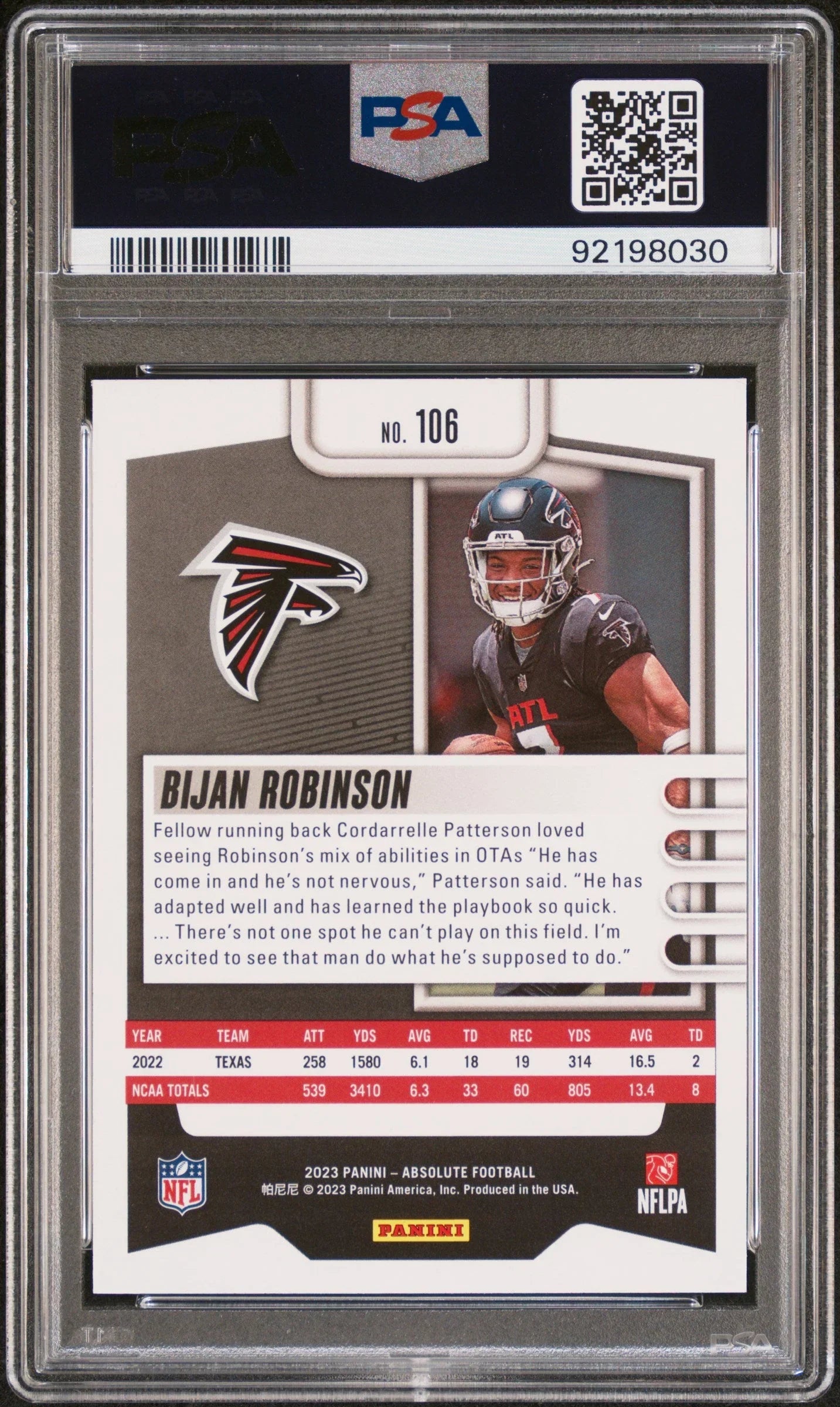 Graded 2023 Panini Absolute Bijan Robinson #106 Black Rookie RC Football Card PSA 10 Gem Mint