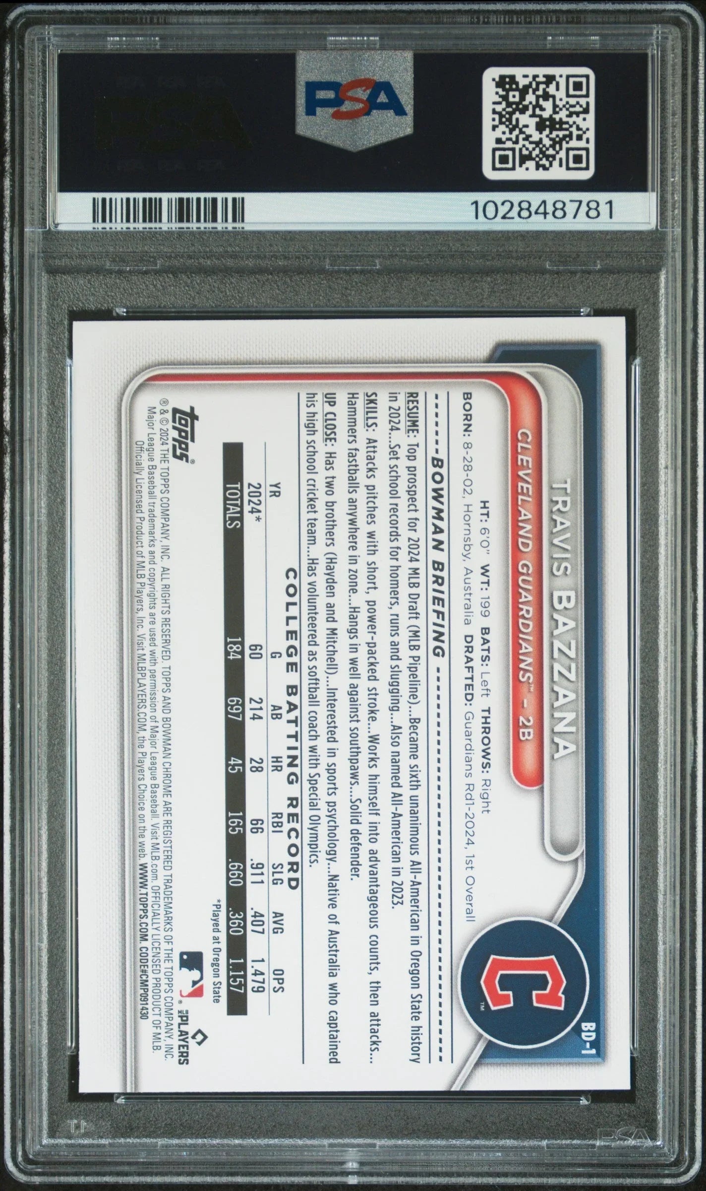 Graded 2024 Topps Bowman Draft Travis Bazzana #BD1 Rookie RC Baseball Card PSA 10 Gem Mint