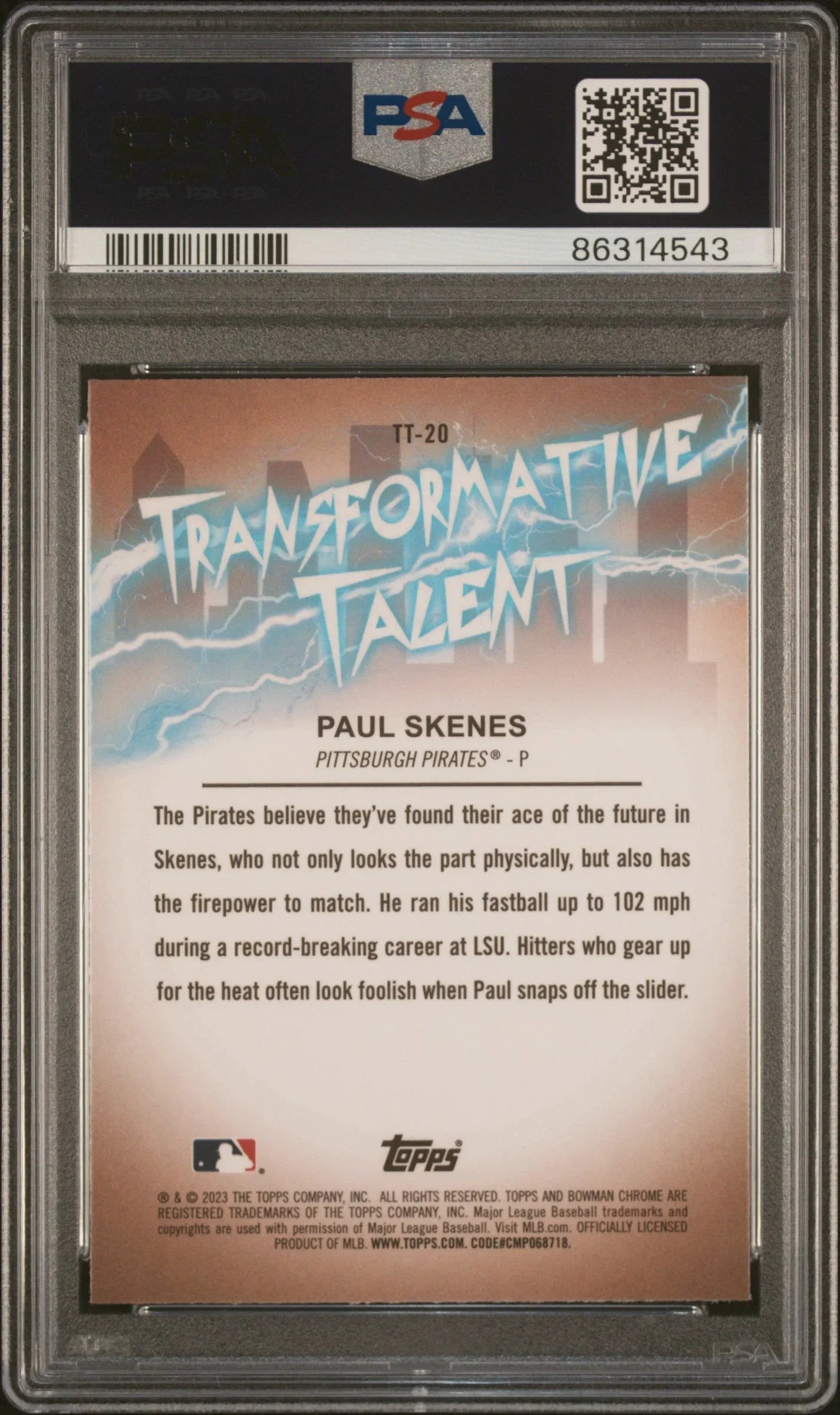 Graded 2023 Topps Bowman Draft Paul Skenes #TT20 Transformative Talent Rookie RC Baseball Card PSA 10 Gem Mint