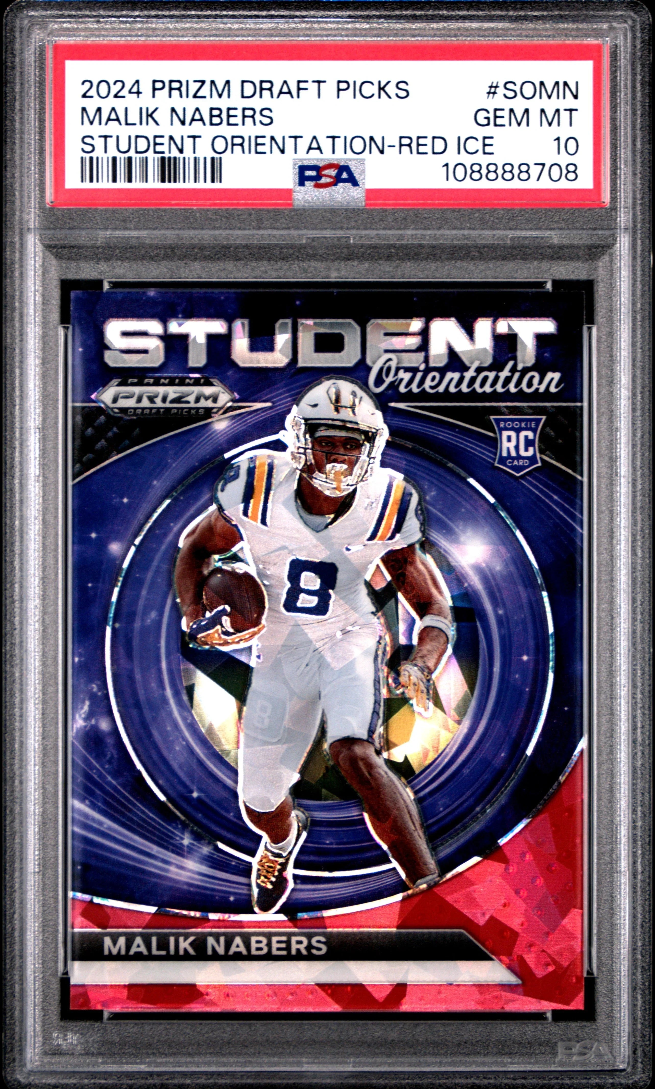 Graded 2024 Panini Prizm Draft Picks Malik Nabers #SOMN Student Orientation Red Ice Rookie RC Football Card PSA 10 Gem Mint