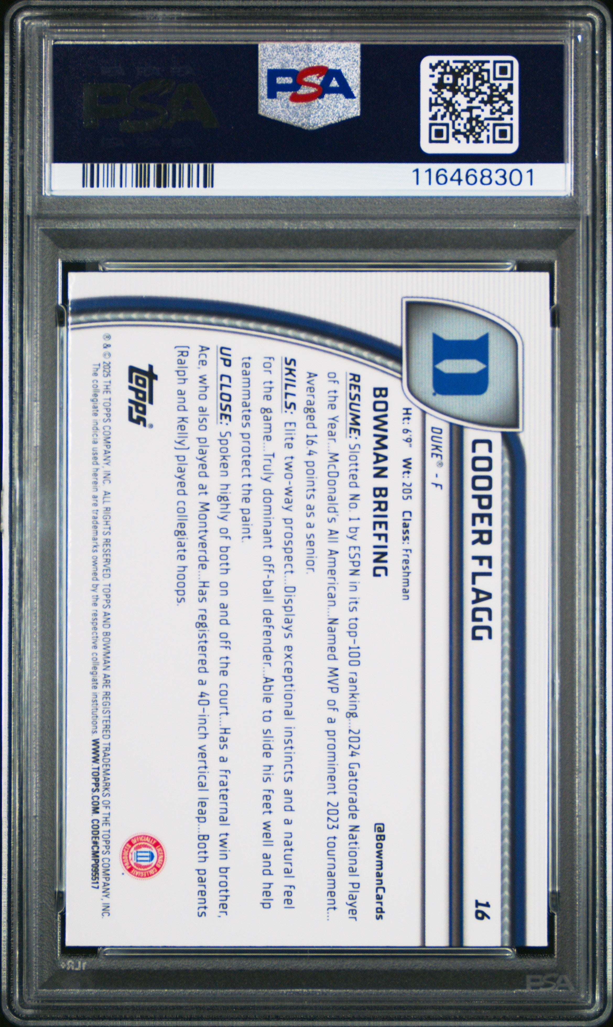 Graded 2024 Topps Bowman Chrome U Cooper Flagg #16 Green Shimmer Rookie RC Basketball Card PSA 10 Gem Mint