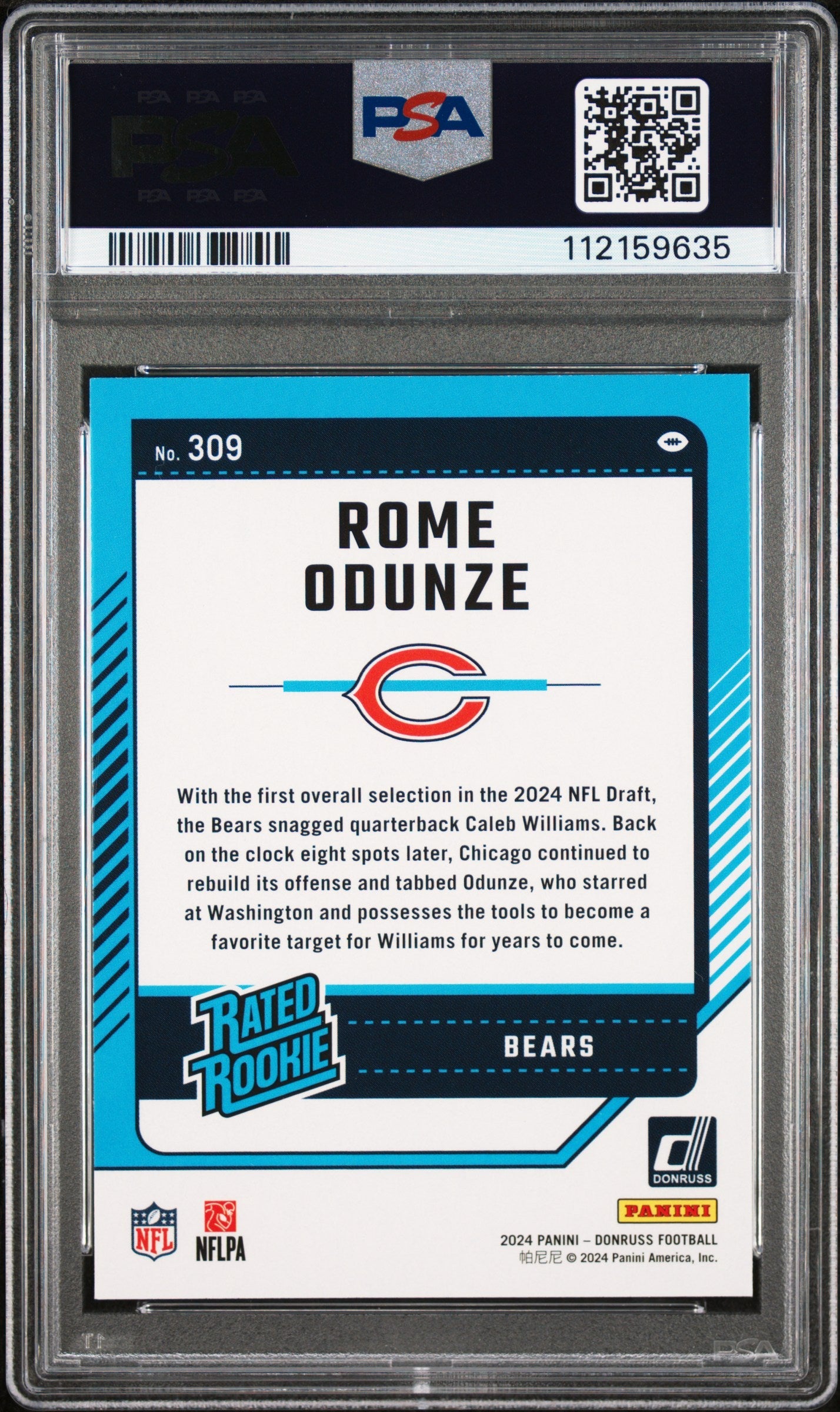 Graded 2024 Panini Donruss Rome Odunze #309 Rookie RC Football Card PSA 10 Gem Mint