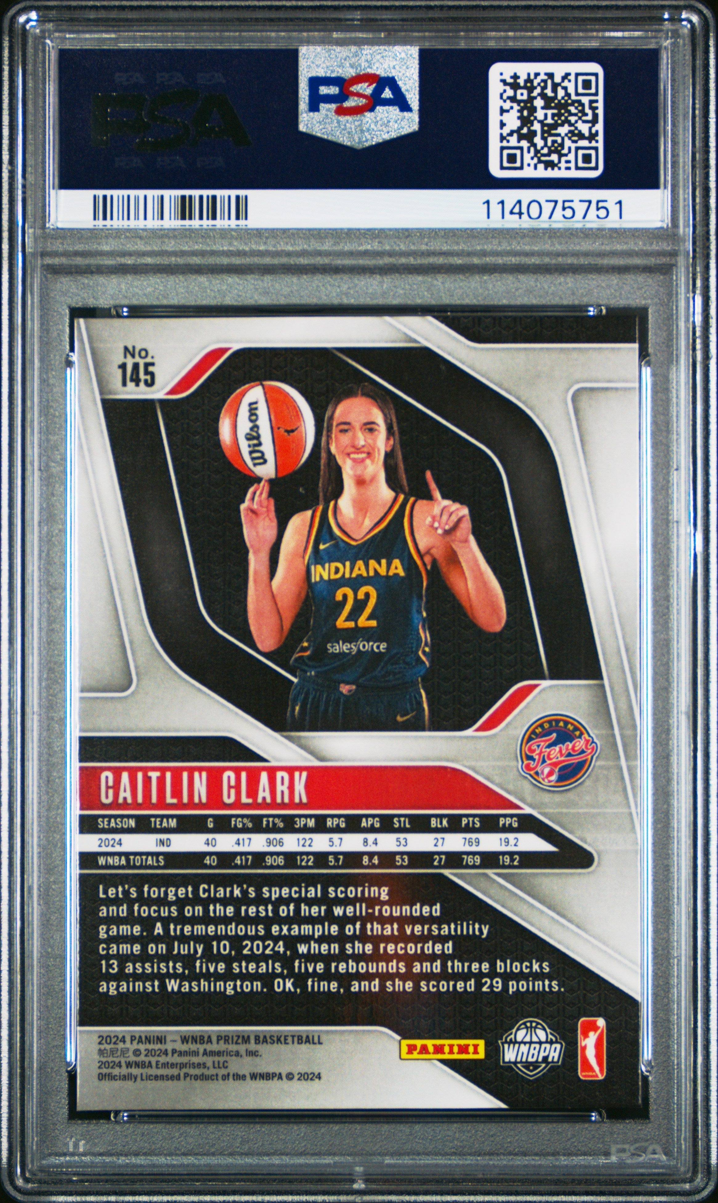 Graded 2024 Panini Prizm Caitlin Clark #145 Rookie RC Basketball Card PSA 9 Mint