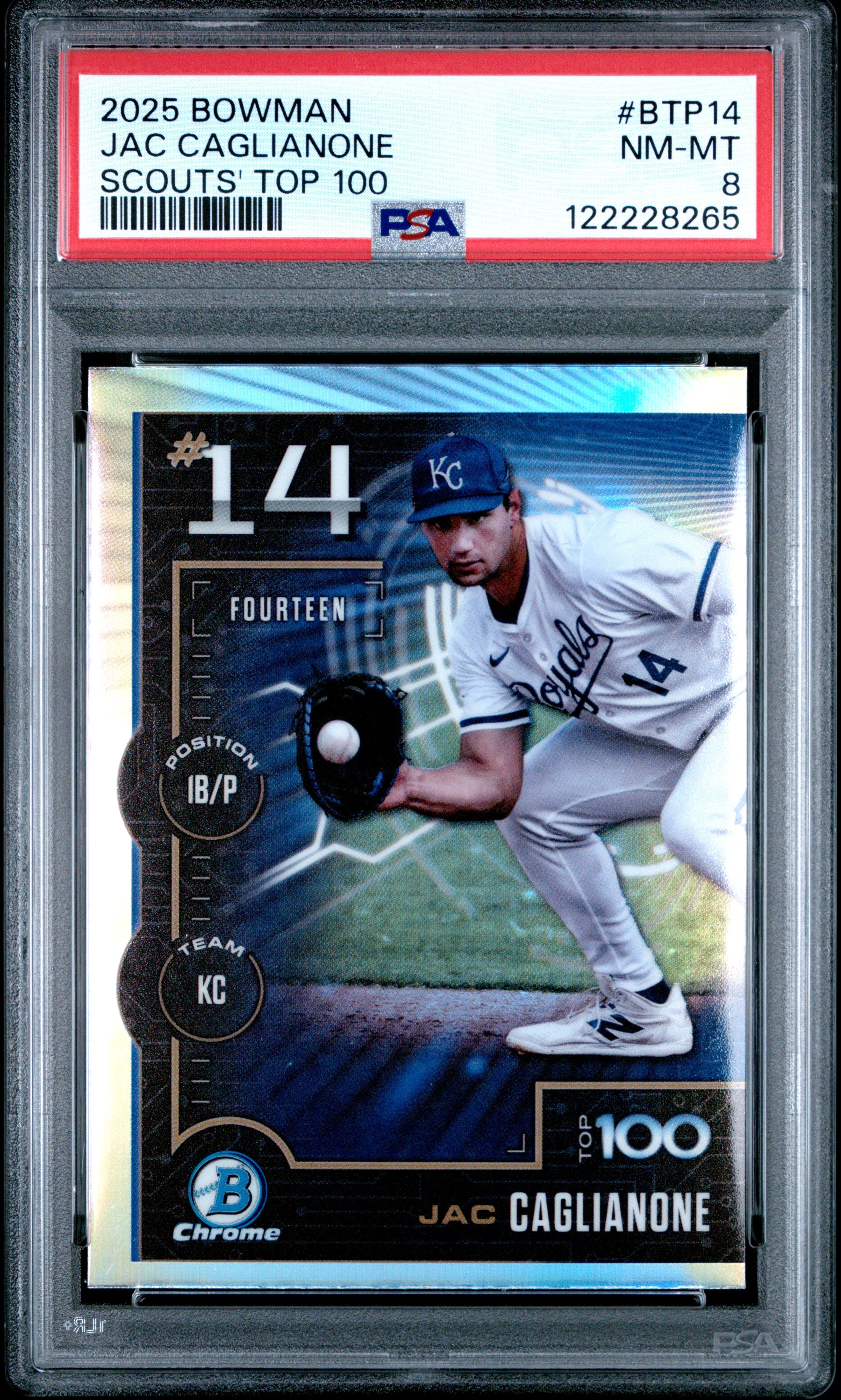 Graded 2025 Topps Bowman Jac Caglianone #BTP14 Scouts Top 100 Rookie RC Baseball Card PSA 8 Near Mint