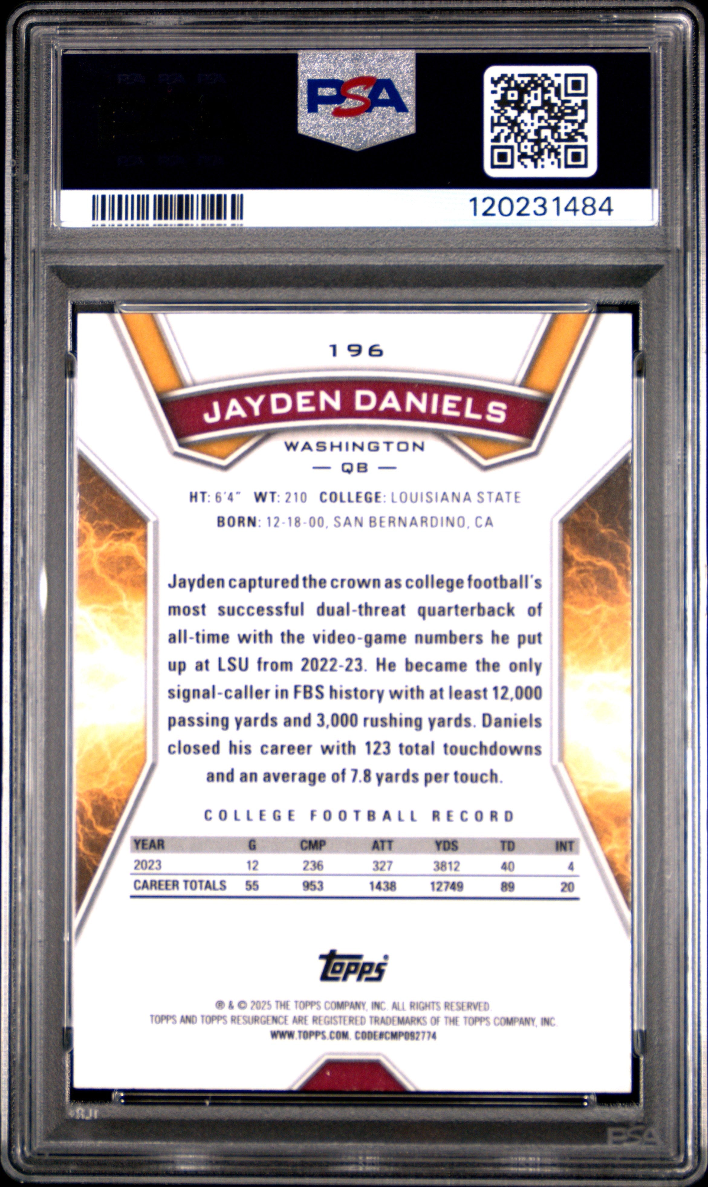 Graded 2024 Topps Resurgence Jayden Daniels #196 Rookie RC Football Card PSA 10 Gem Mint