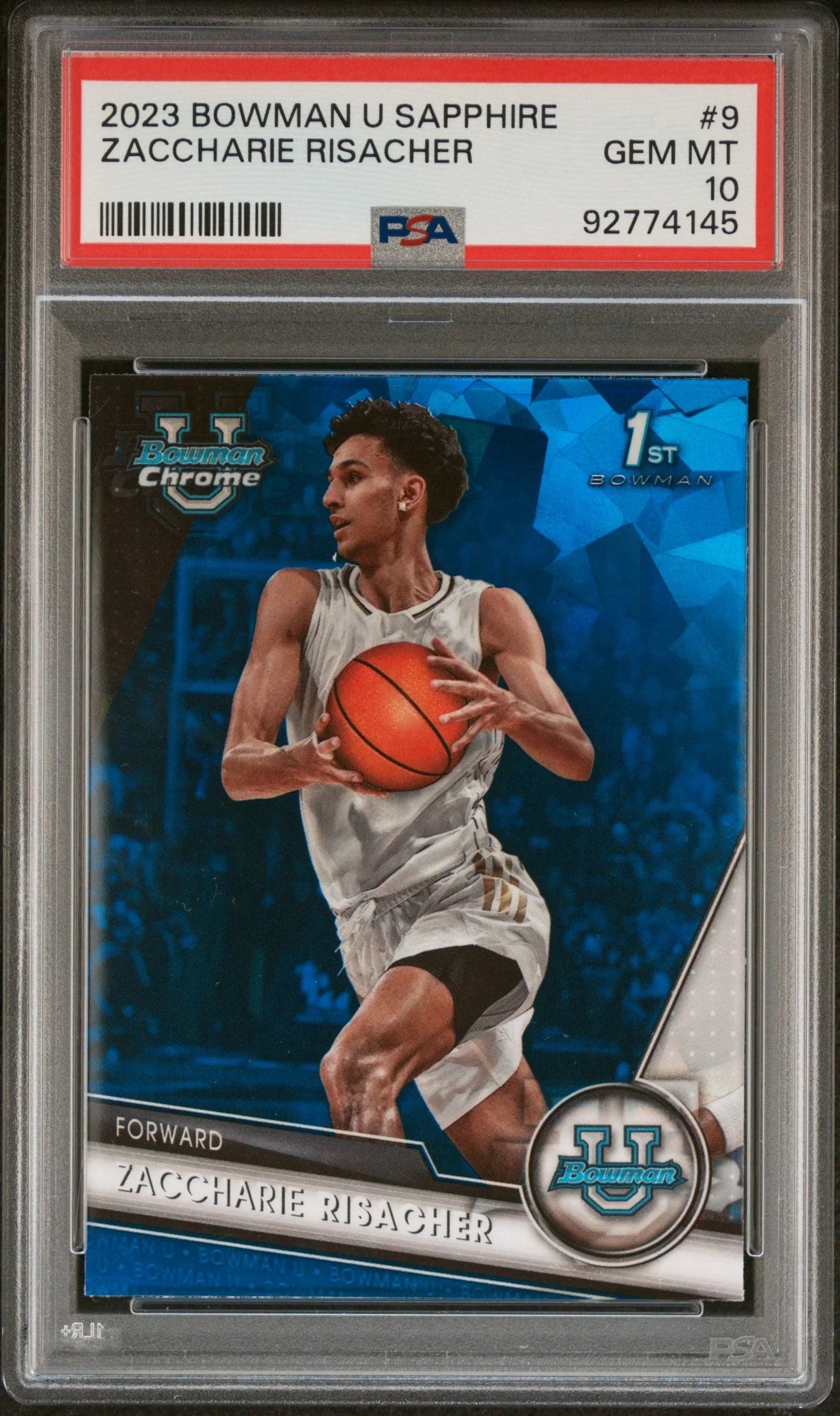 Graded 2023 Topps Bowman U Sapphire Zaccharie Risacher #9 Rookie RC Basketball Card PSA 10 Gem Mint