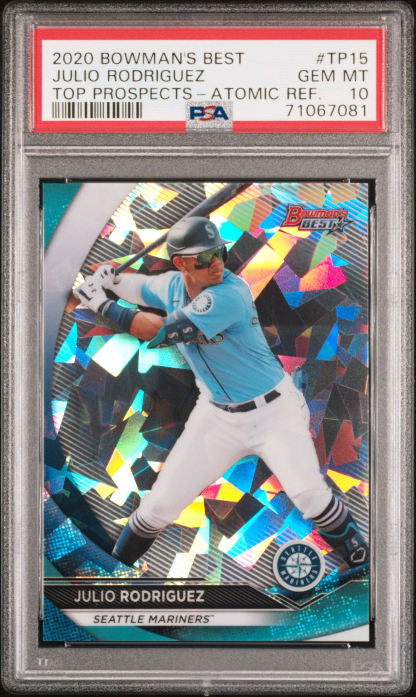 Graded 2020 Topps Bowmans Best Julio Rodriguez #TP15 Top Prospects Atomic Refractor Rookie RC Baseball Card PSA 10 Gem Mint