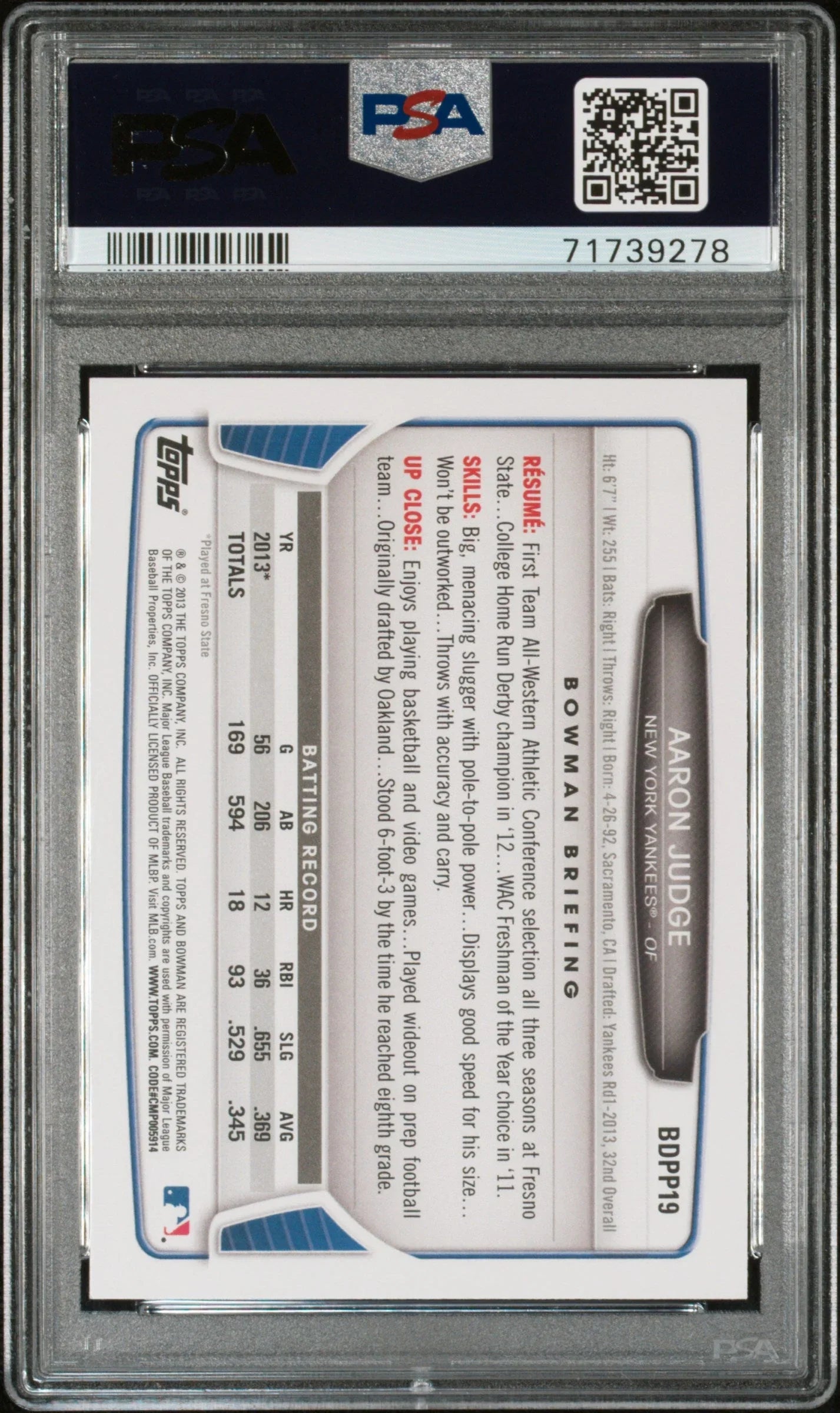 Graded 2013 Topps Bowman Draft Picks & Prospects Aaron Judge #BDPP19 Rookie RC Baseball Card PSA 10 Gem Mint