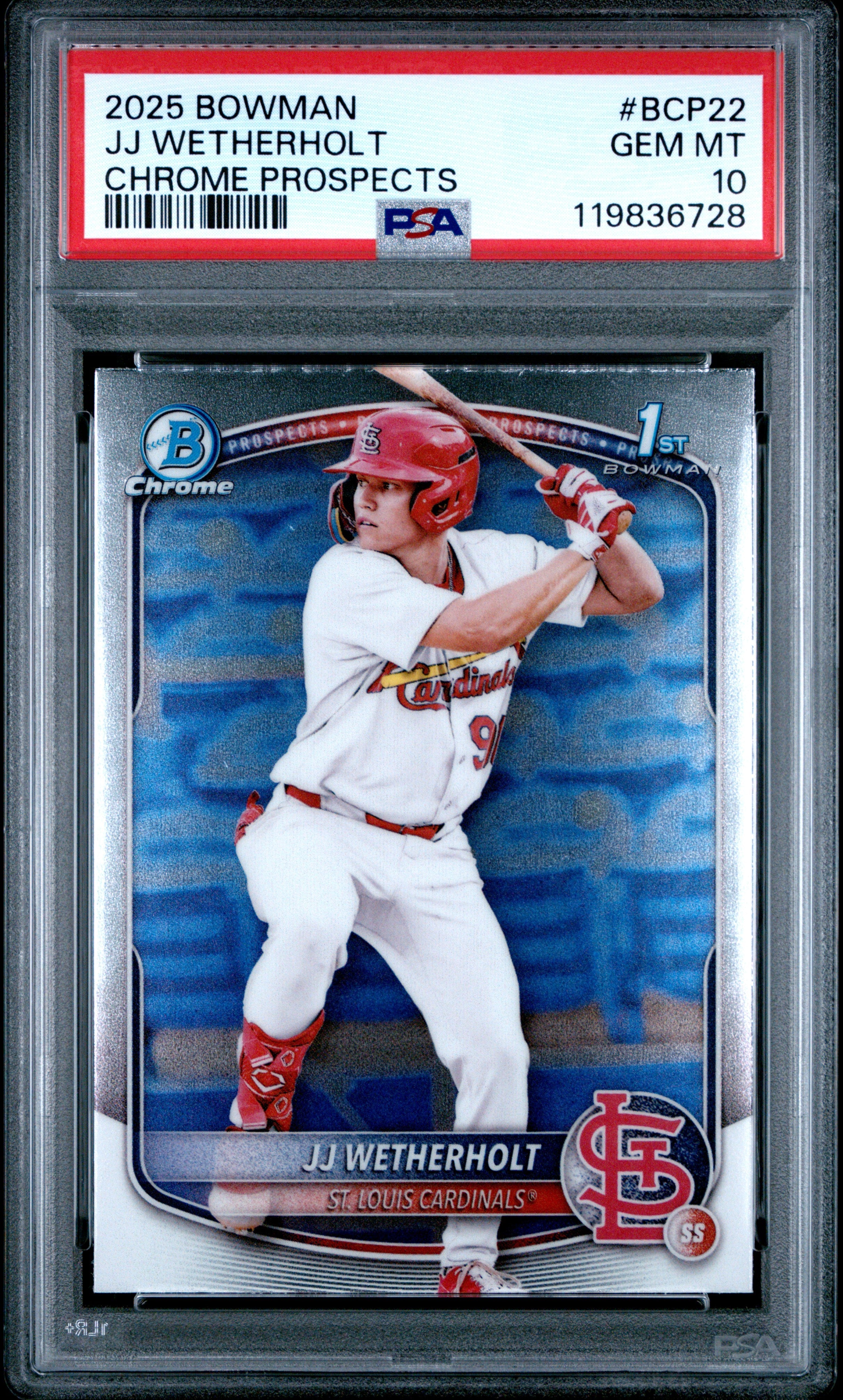 Graded 2025 Topps Bowman JJ Wetherholt #BCP22 Chrome Prospects Rookie RC Baseball Card PSA 10 Gem Mint