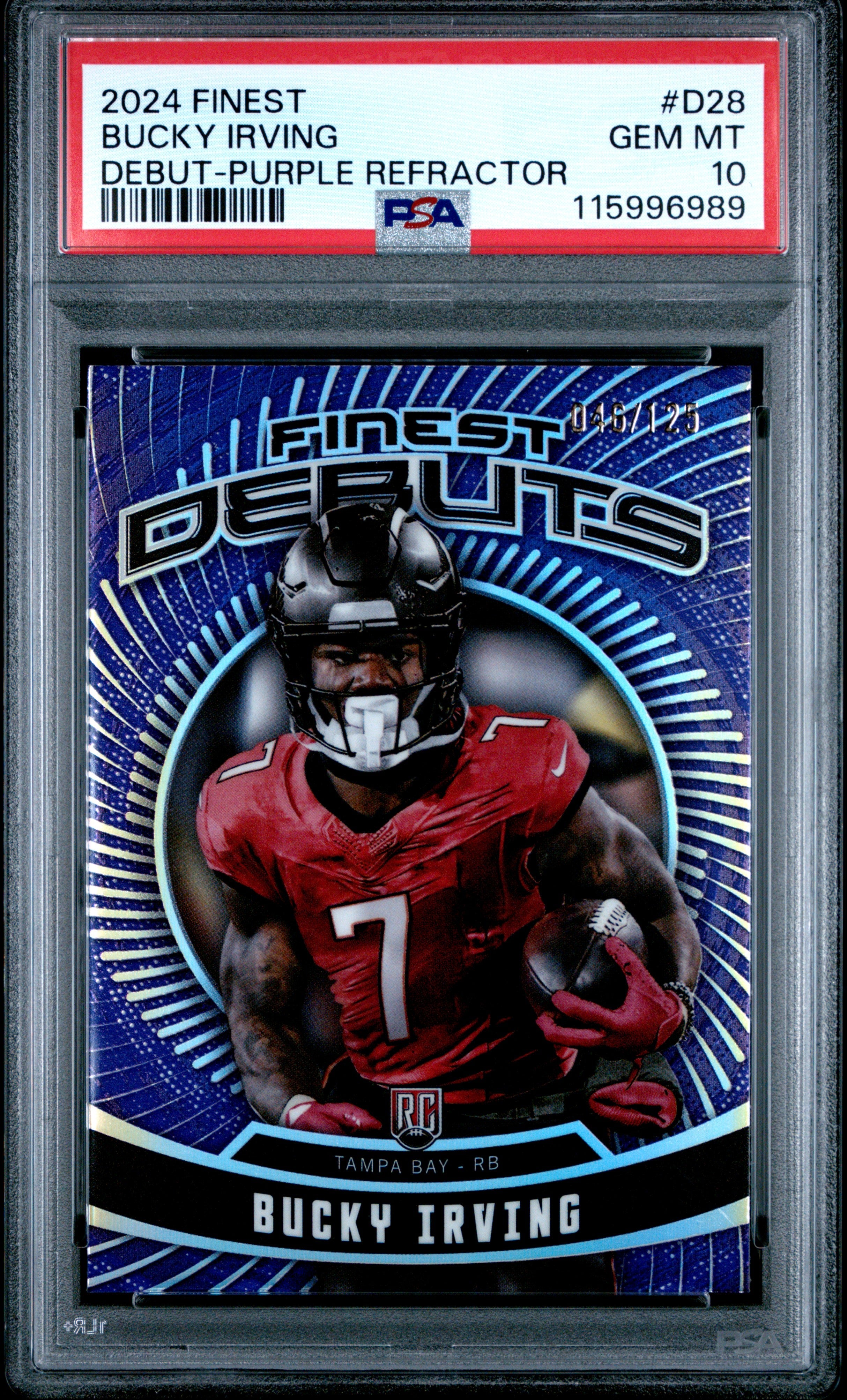 Graded 2024 Topps Finest Bucky Irving #D28 Debut Purple Refractor /125 Rookie RC Football Card PSA 10 Gem Mint