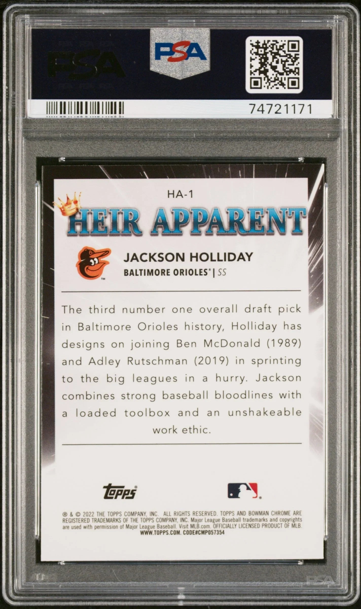 Graded 2022 Topps Bowman Draft Jackson Holliday #HA1 Heir Apparent Rookie RC Baseball Card PSA 10 Gem Mint